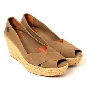 Tory Burch KHAKI BROWN COTTON CANVAS PEEP TOE ESPADRILLE WEDGE PLATFORM SHOES 9M